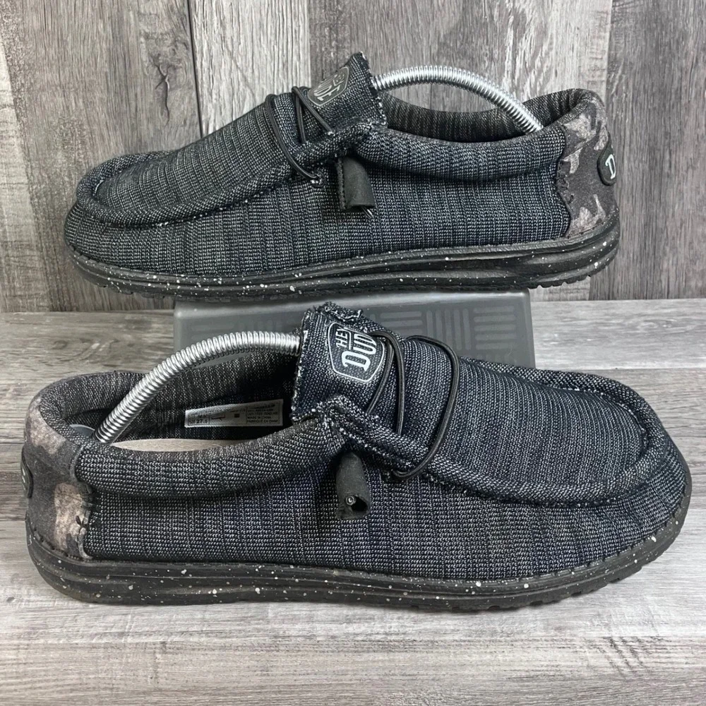 Hey Dude Wally Stretch Poly Midnight Bunker Mens 10 Black Grey Loafers 40024-0XK